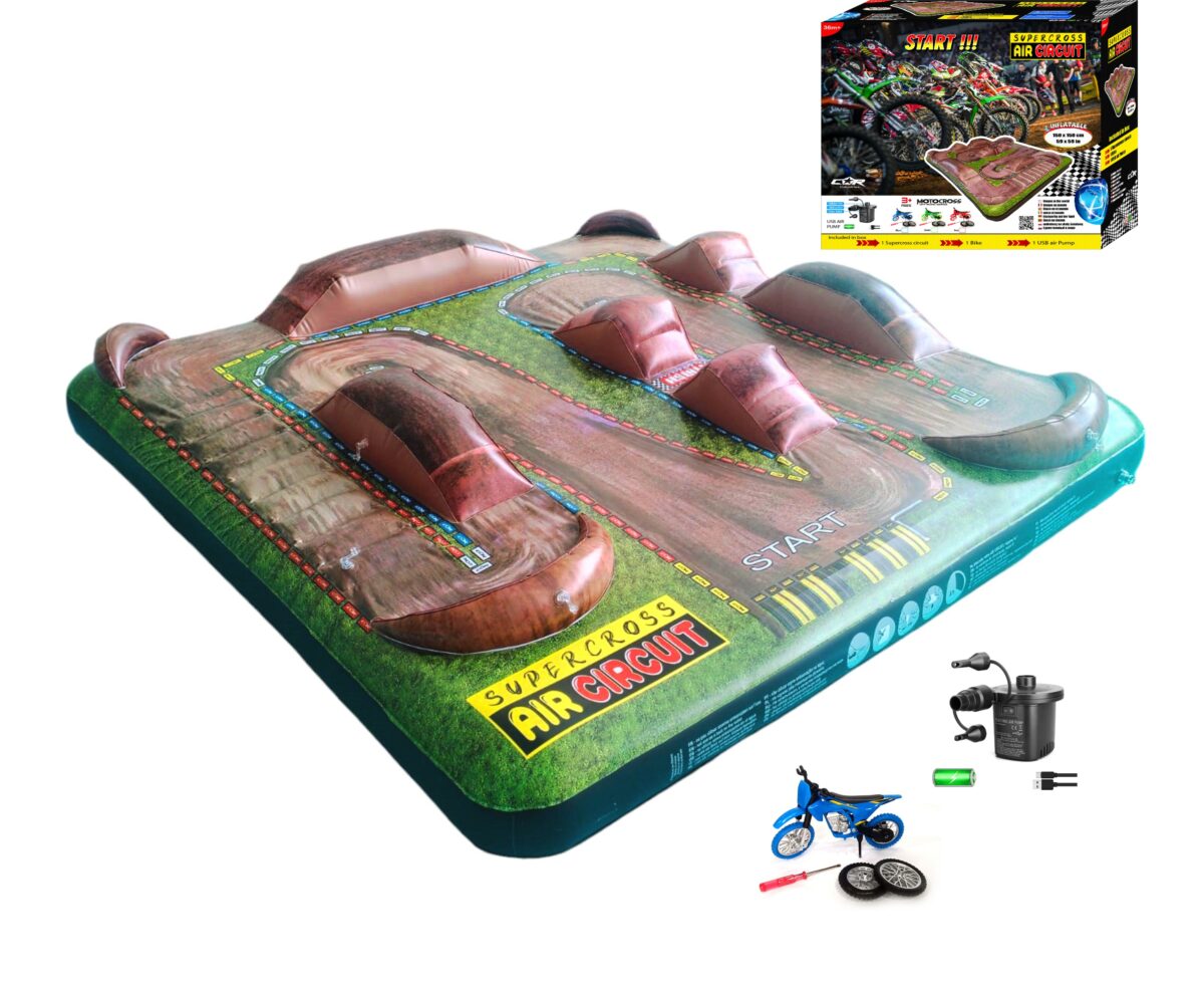 Circuit de Motocross Gonflable pour Enfants dès 3 Ans, 150 x 150 cm, Tapis de Jeu Moto, Une Moto et Une Pompe à Air USB fournies.