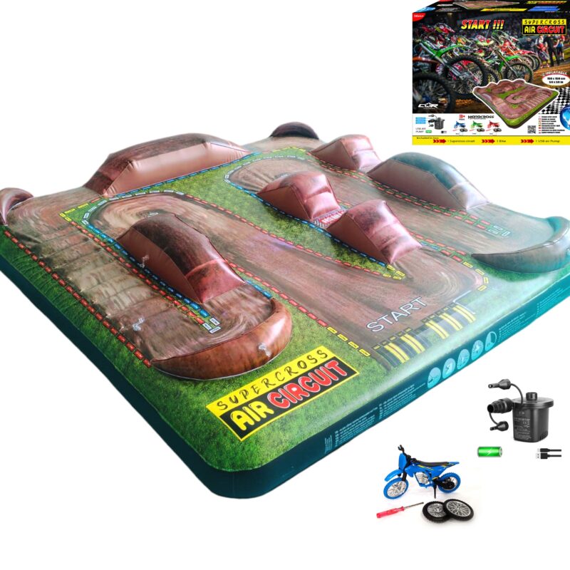 Circuit de Motocross Gonflable pour Enfants dès 3 Ans, 150 x 150 cm, Tapis de Jeu Moto, Une Moto et Une Pompe à Air USB fournies.