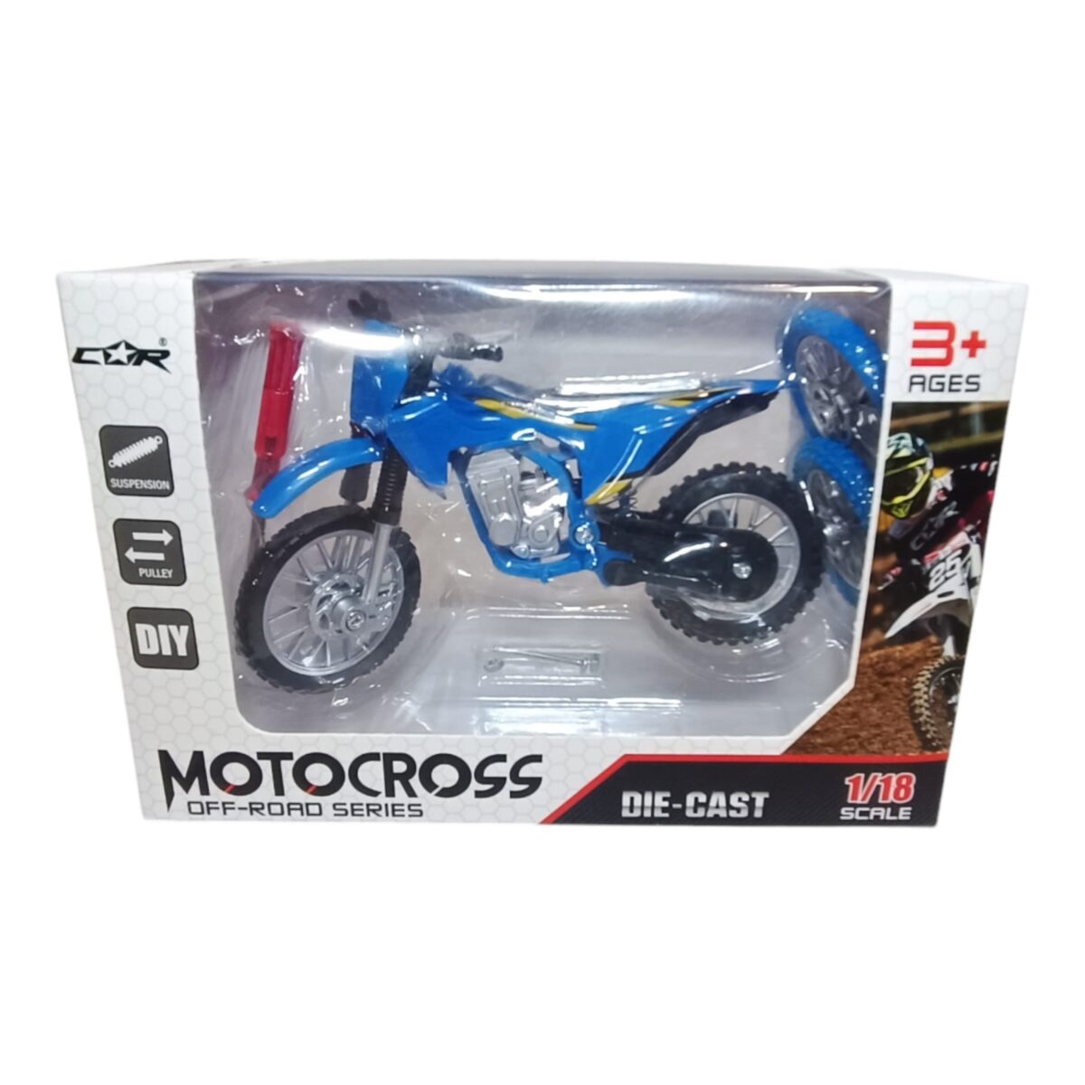 Découvrez nos modèles de motocross miniature à l'échelle 1/18. Attention : Ne convient pas aux enfants de moins de 3 ans. Fournies avec : - Roue Avant et Roue Arrière de rechange - tournevis - axe et écrou de rechange