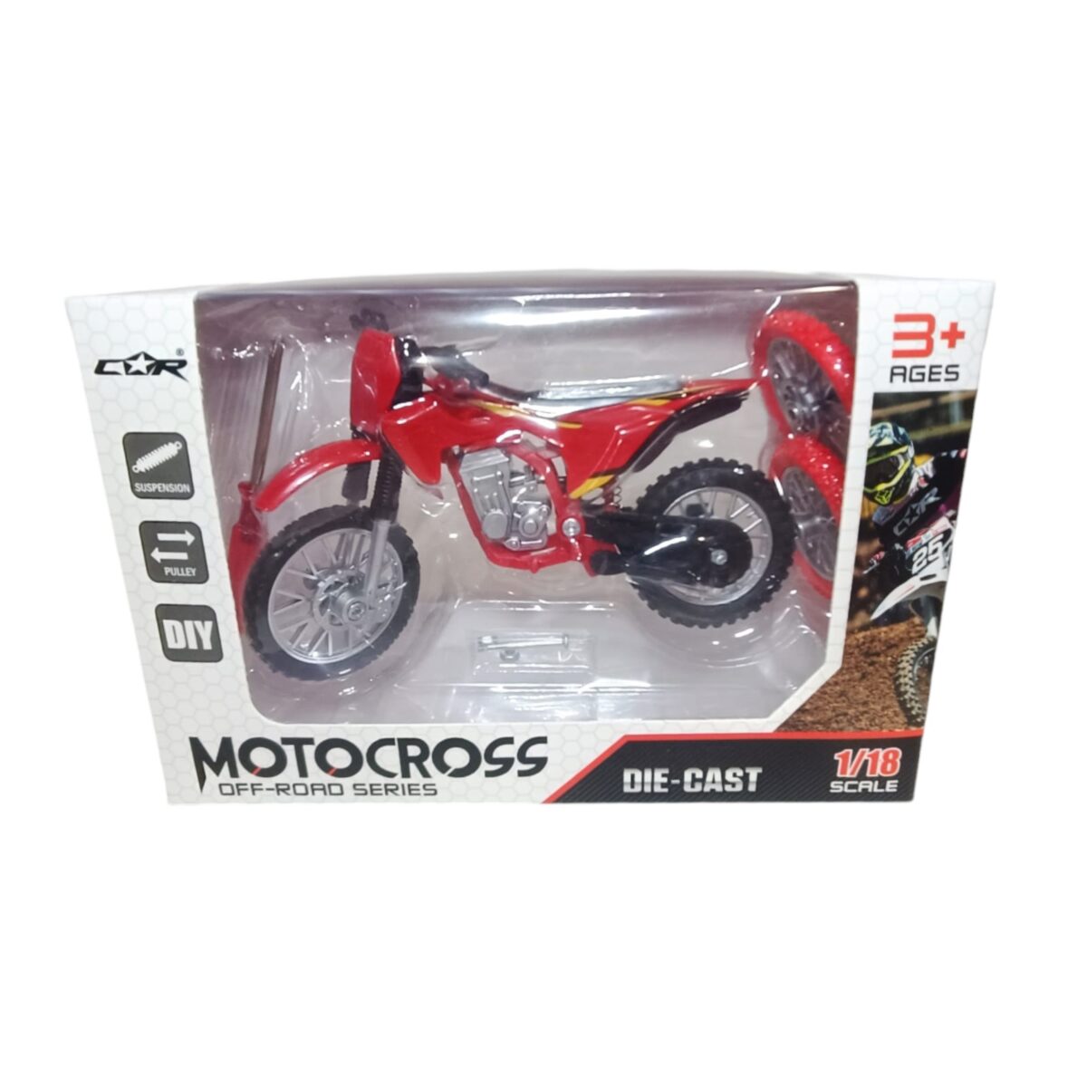 Découvrez nos modèles de motocross miniature à l'échelle 1/18. Attention : Ne convient pas aux enfants de moins de 3 ans. Fournies avec : - Roue Avant et Roue Arrière de rechange - tournevis - axe et écrou de rechange